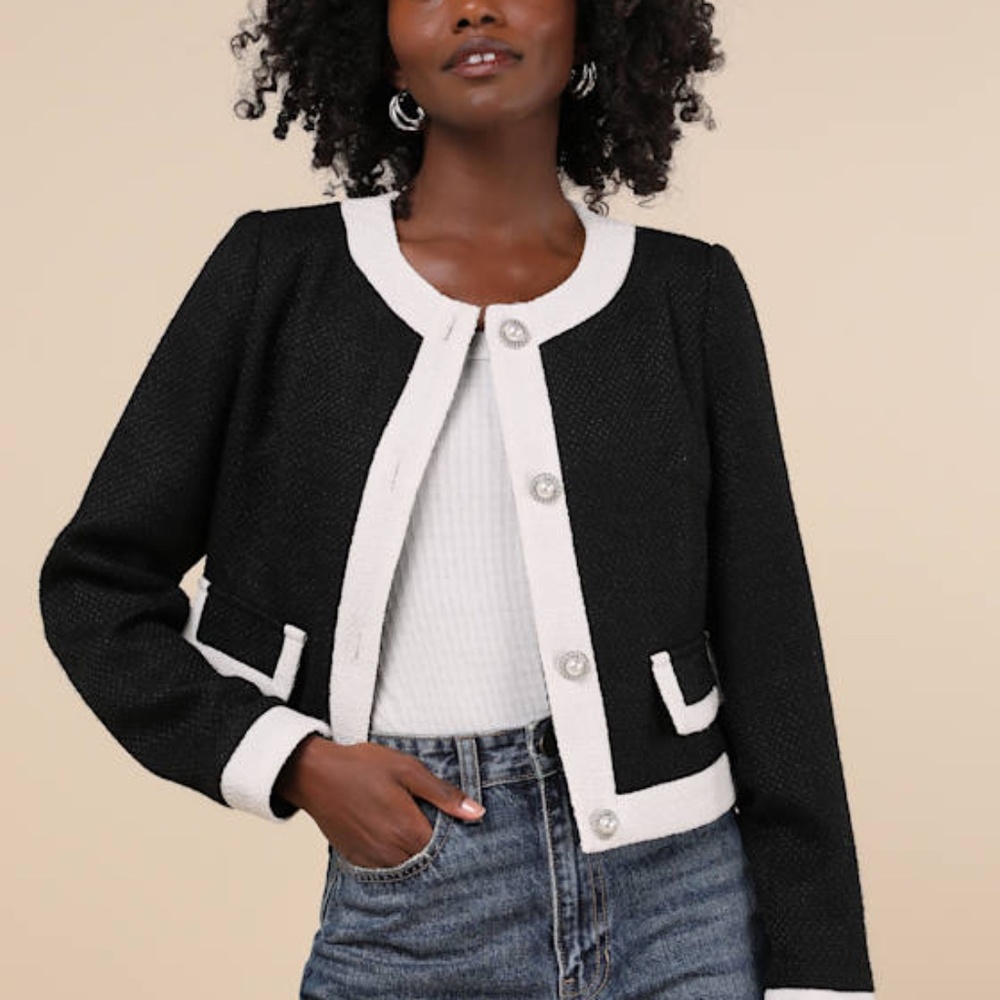 Lulus Desirably Posh Black And White Color Block Tweed Jacket - Size S